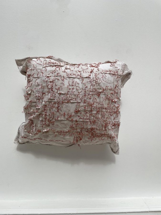 Oreiller brodé avec les prénoms des donneuses capillaires - Installation Textile & Capillaire « Lignes de Femmes »